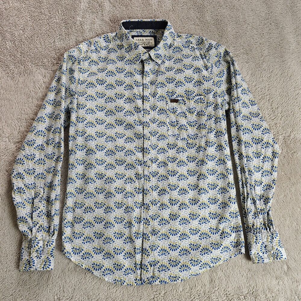 Zara Man Sport Classic Slim Shirt Mens S White Leafy Paisley Long Sleeve Cotton